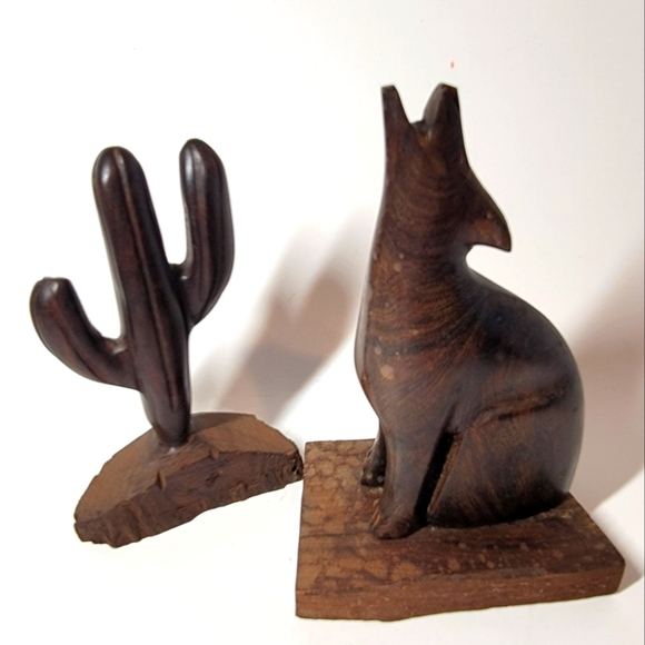 Other - Vintage Ironwood Carved Saguaro Wooden Coyote and Cactus Sculpture Set (2)